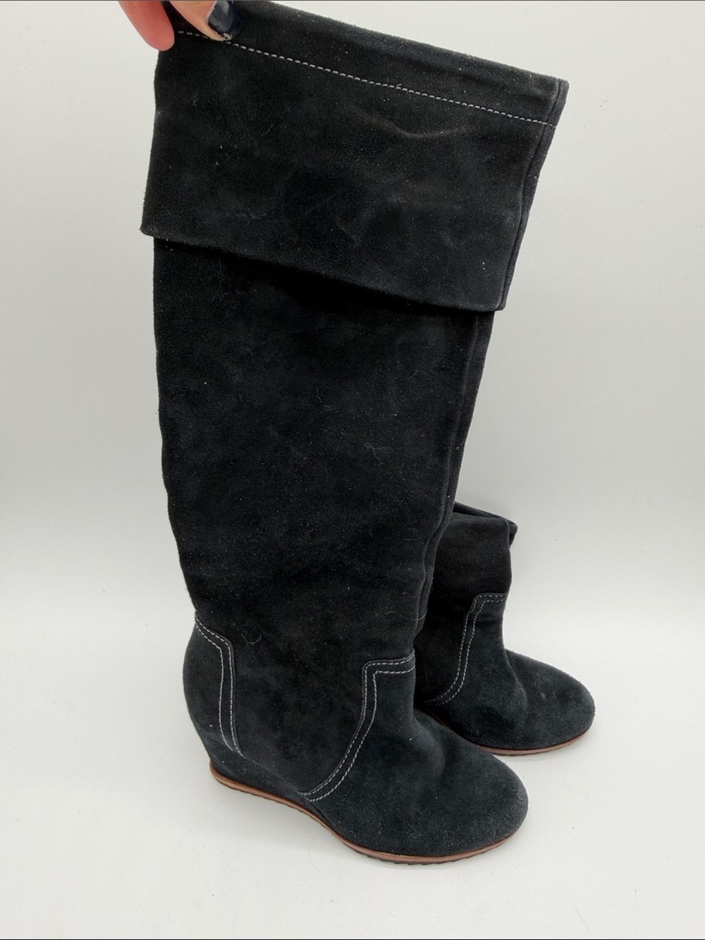 Black Suede Knee-High Wedge Boots